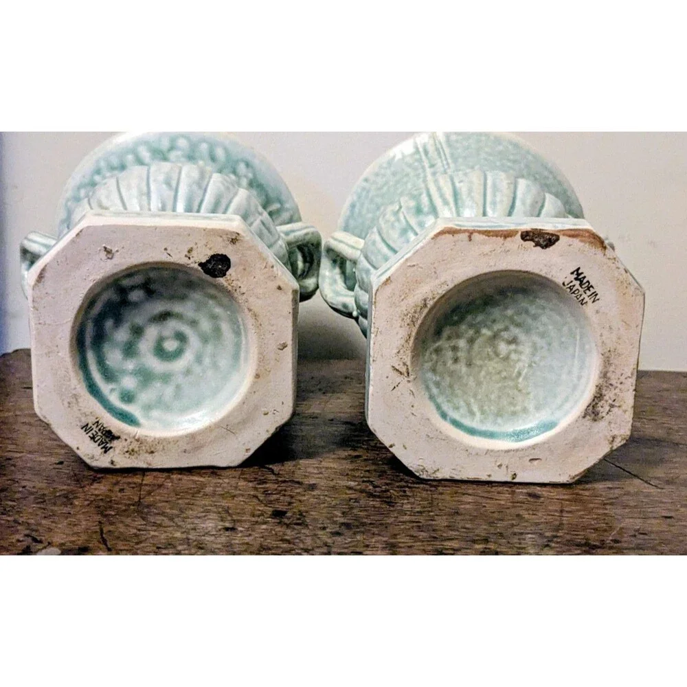 Vintage Pair Celadon Green Majolica Style Vases Neoclassical Mantle Urns Japan